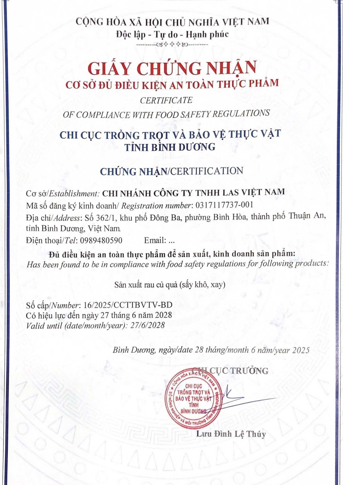 Giấy chứng nhận ATVSTP LAS Việt Nam